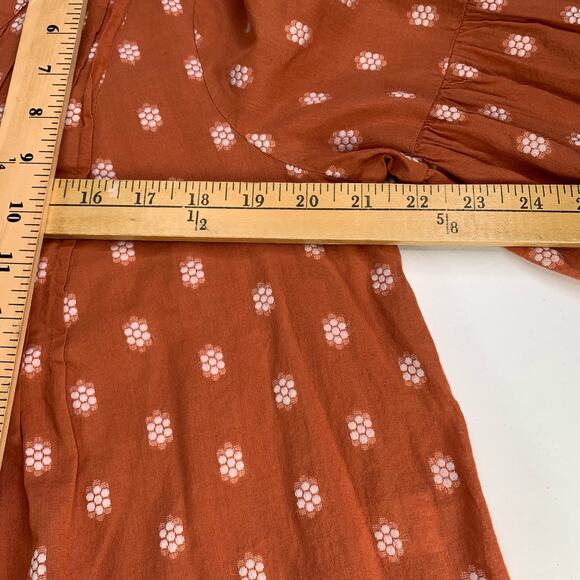 J. Jill Peasant Top Rust Orange Patterned V Neck Peasant Blouse button India MP - Picture 13 of 16